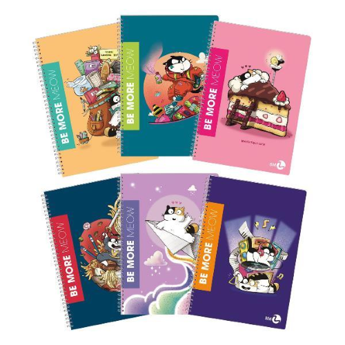 BE MORE MEOW MAXI QUADERNO SPIRALATO 80 GR 210X297 mm A4 60 FOGLI A QUADRETTI 5M COLORI ASSORTITI CONF 5 Pz.